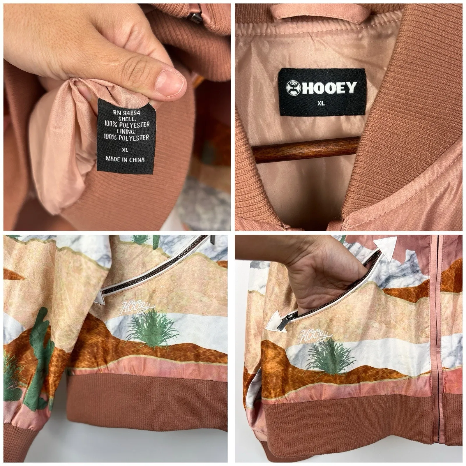 Hooey Satin Bomber Jacket XL Women’s Pink Desert Western Landscape Print Zip Up Brown - Image 10