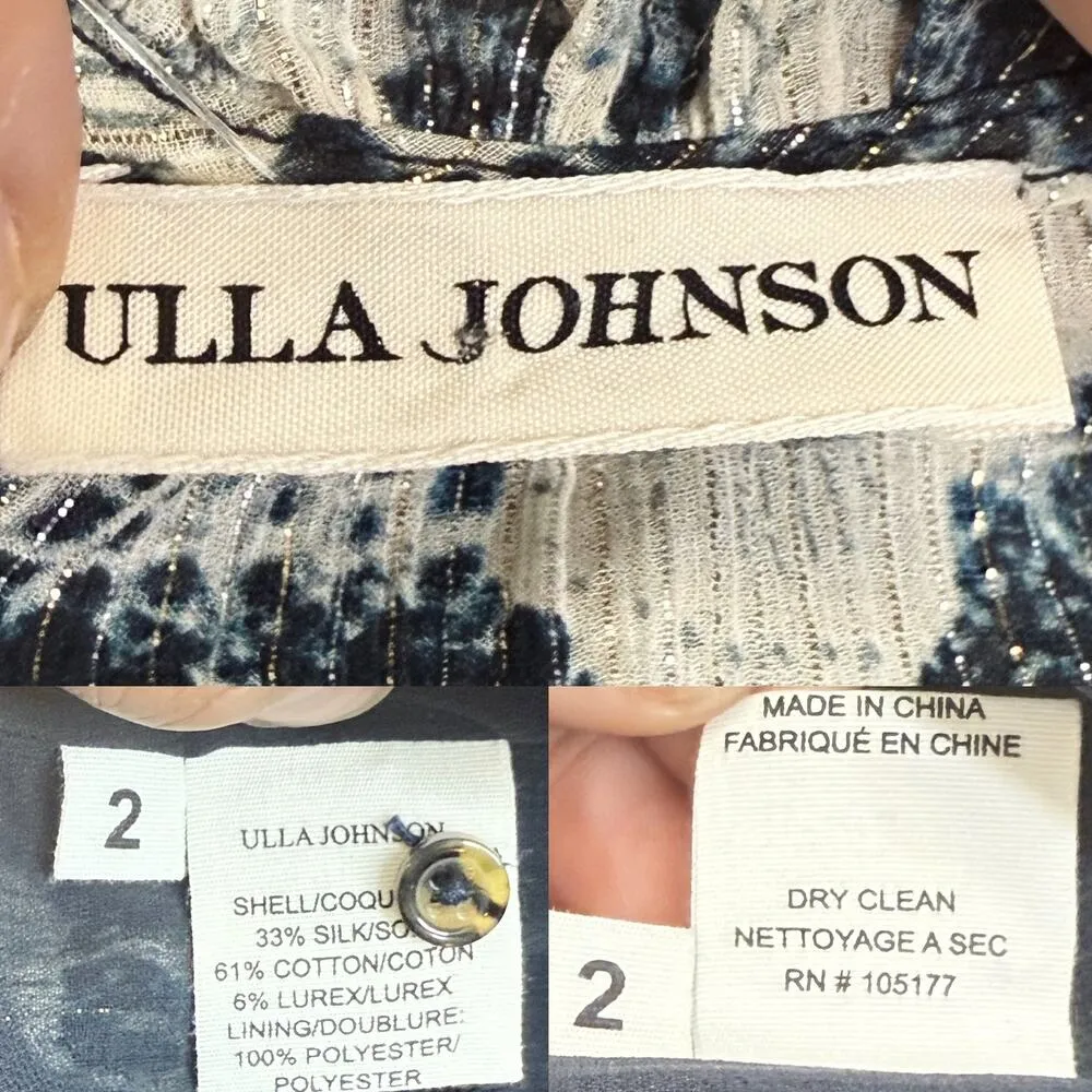 ULLA JOHNSON Dahlia Dress Blue Batik Short Puff Sleeves Crew Neck Silk Lurex 2 - Image 8