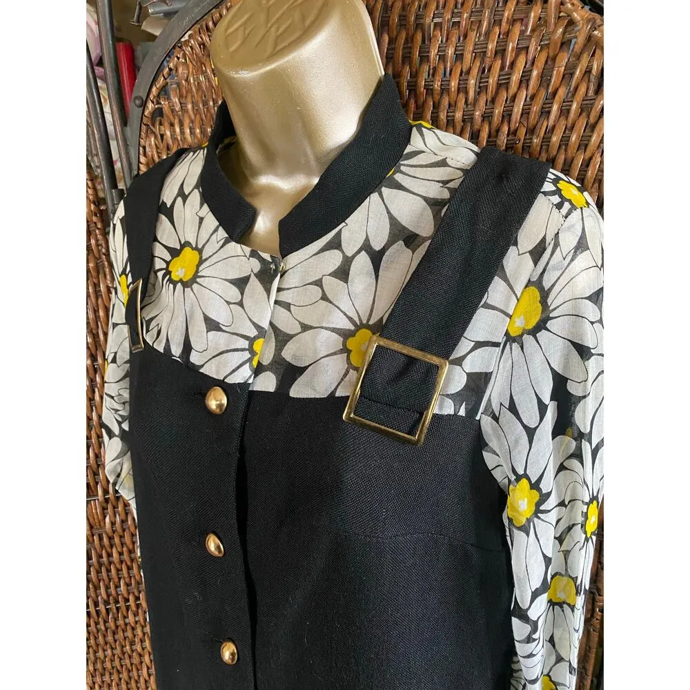 Size L//Vintage 1960s NWT Deadstock Mod Flower Power Dress Black Size L - Image 4