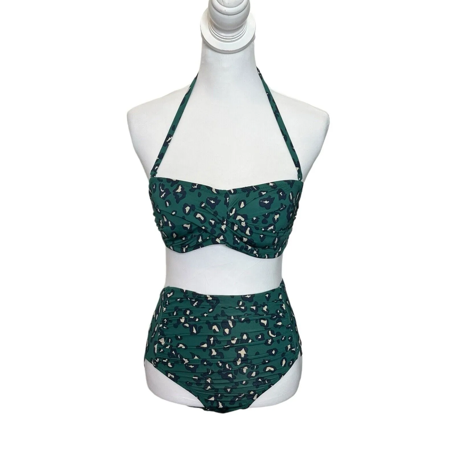 Garnet Hill NWT Bikini Set Women’s 2 Green Leopard High Waist Ruched Wired Top - Image 2