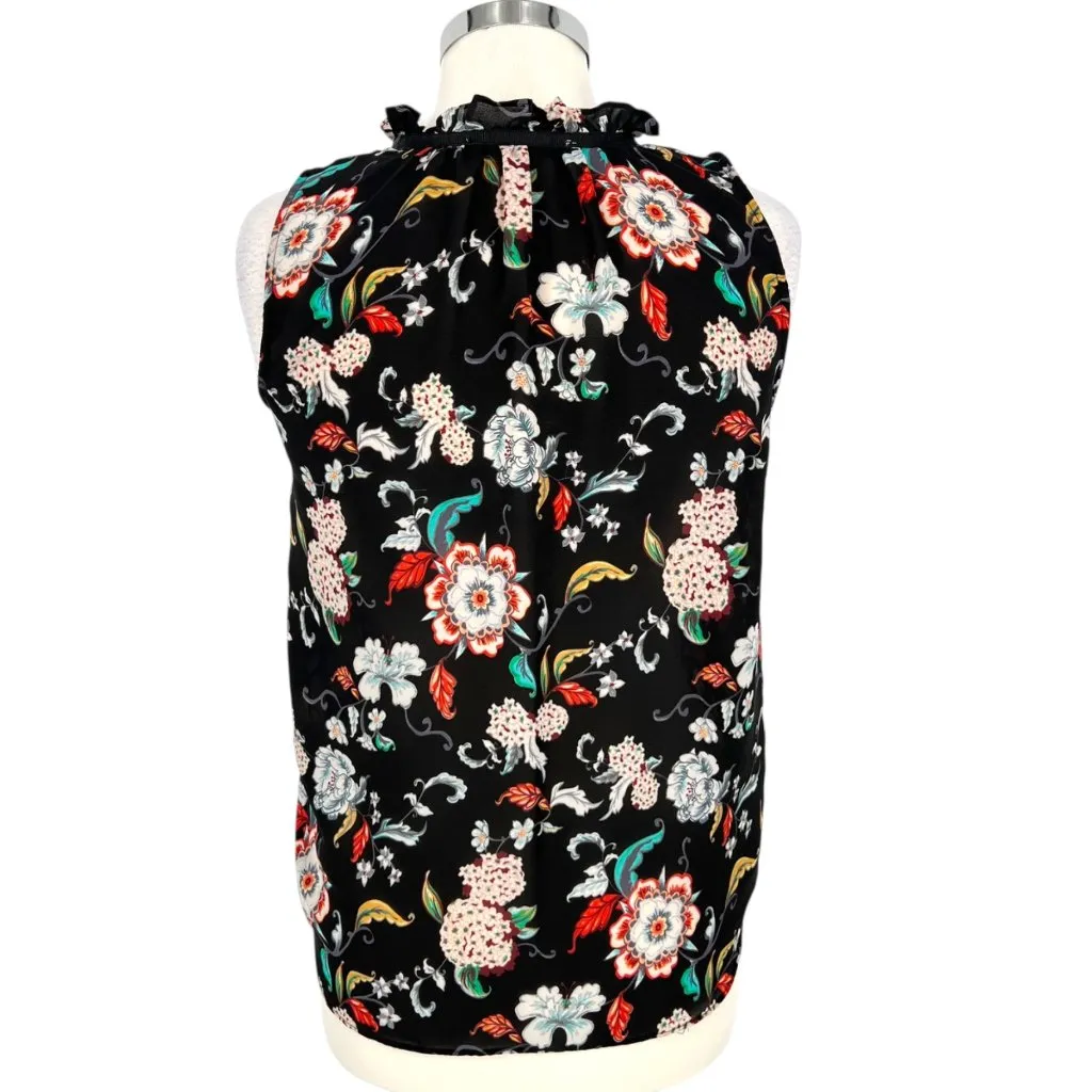 Violet & Claire Black Floral Print Sleeveless Blouse Ruffle Neck Size Small - Image 7
