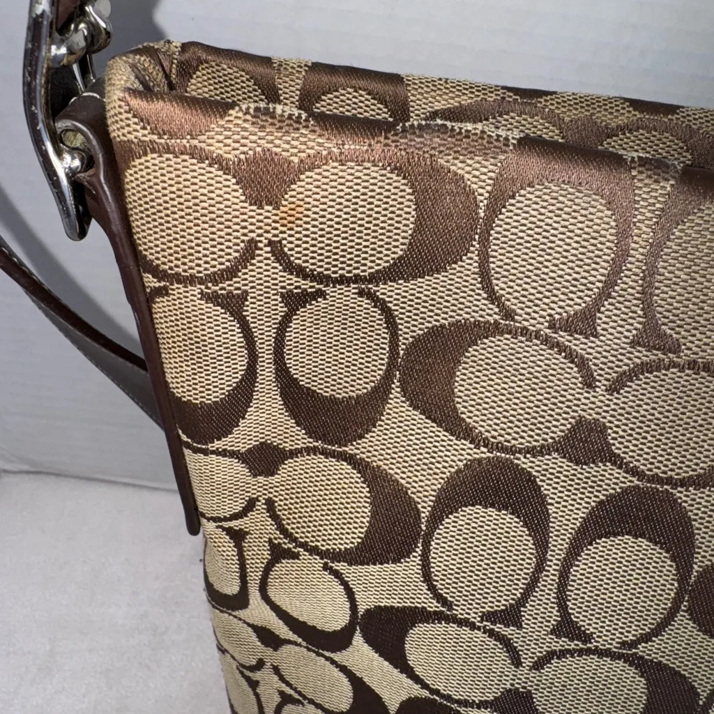 Vintage Coach Duffle Signature Jacquard Leather Canvas Brown Tan Hobo Bag Purse - Image 7