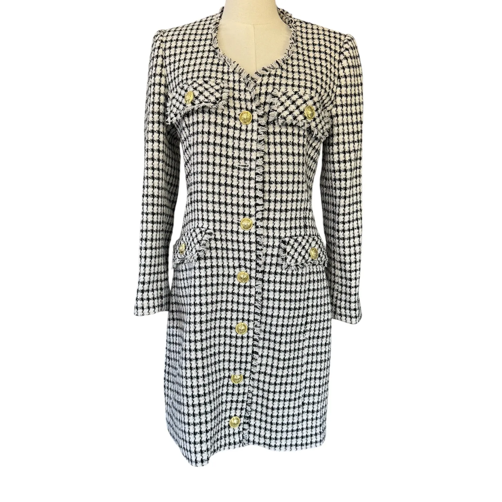 Derek Lam Constance Frayed Jacket Dress Gold Buttoned Size 8 Ivory Black NWT‎ - Image 4