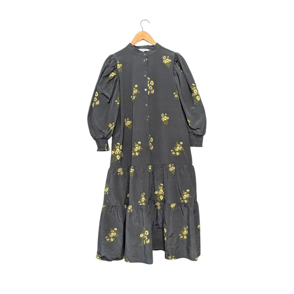 & Other Stories Wide Tiered Puff Sleeve Midi Dress Floral Yellow Womens 4 Grey - Image 2