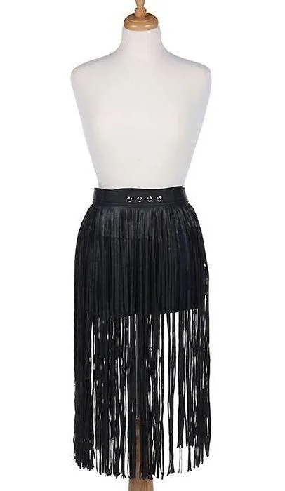 Fringe Faux Leather Long Skirt….One Size….Black - Image 2