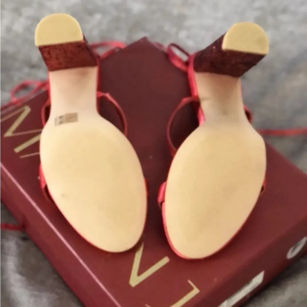 Red satin & glitter strappy lace up high heel shoes prom special occasion size 9 - Image 7