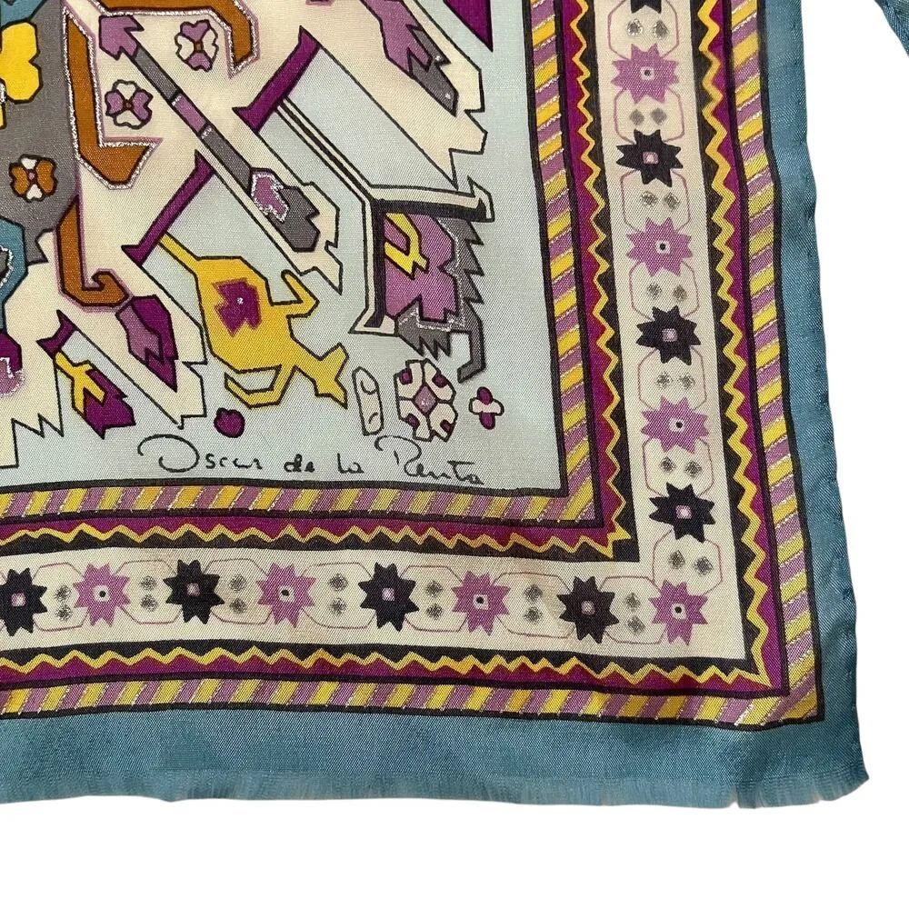 Oscar de la Renta Vintage Gilded Flower Printed Silk Long Fringe Scarf - Image 3