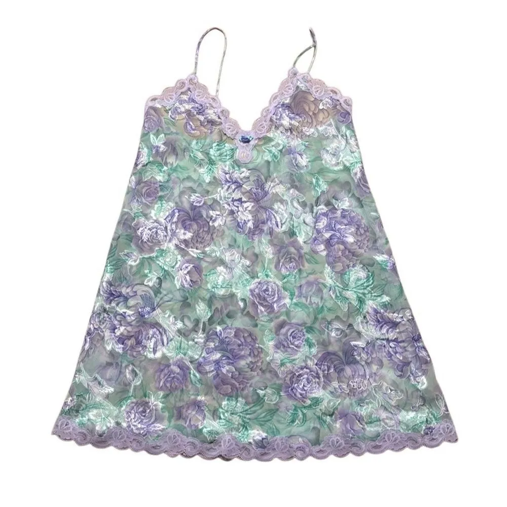 80s Vintage LA Intimates Purple and Green Floral Sheer Lace Chemise slip robe M Size M - Image 7