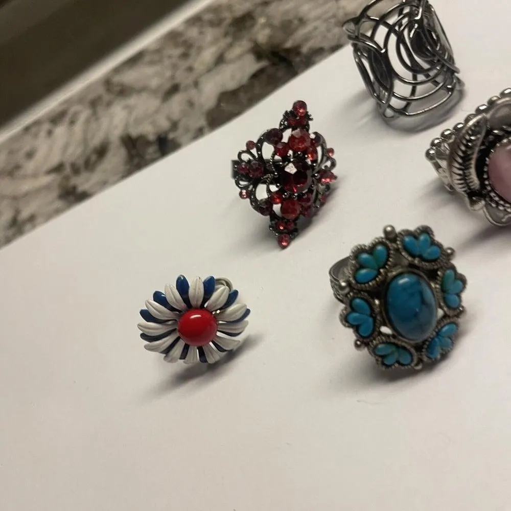 Adjustable Or Stretchy Statement Costume Rings Lot Of 6 Rhinestone, Metal, Etc - Image 7