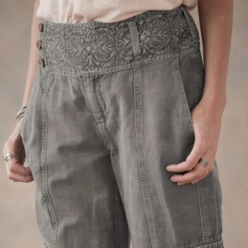 SUNDANCE More Than Cargo Boho Olive Rolled Hem Embroidered Pants Women’s SIZE 14 - Image 3