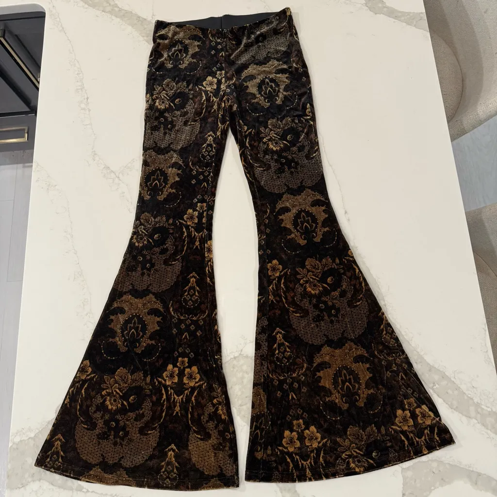 Free People Maura Printed Velvet Flare Pull On Pants Womens XS Brown FloralMulti - Image 4