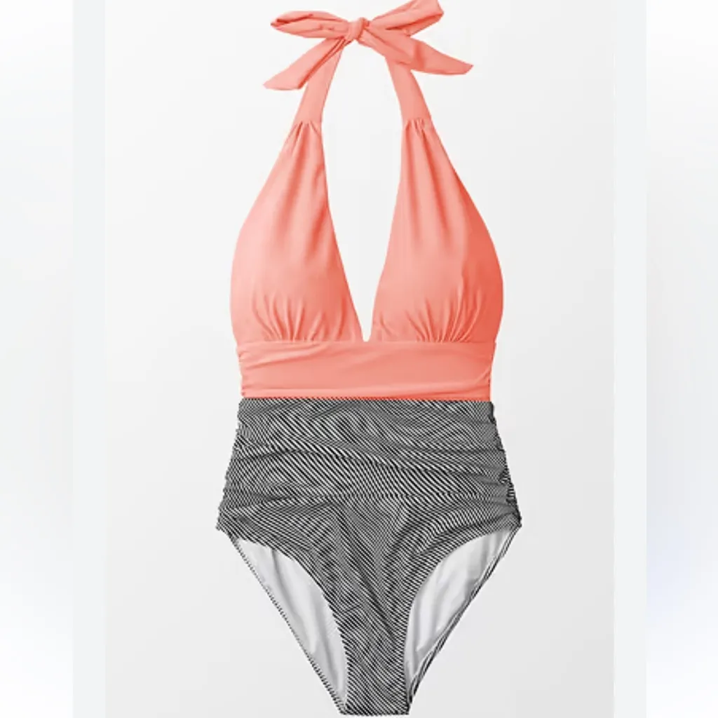 310 NWT Cupshe Coral and Striped Halter One Piece Swimsuit Beach Vacation - Image 3