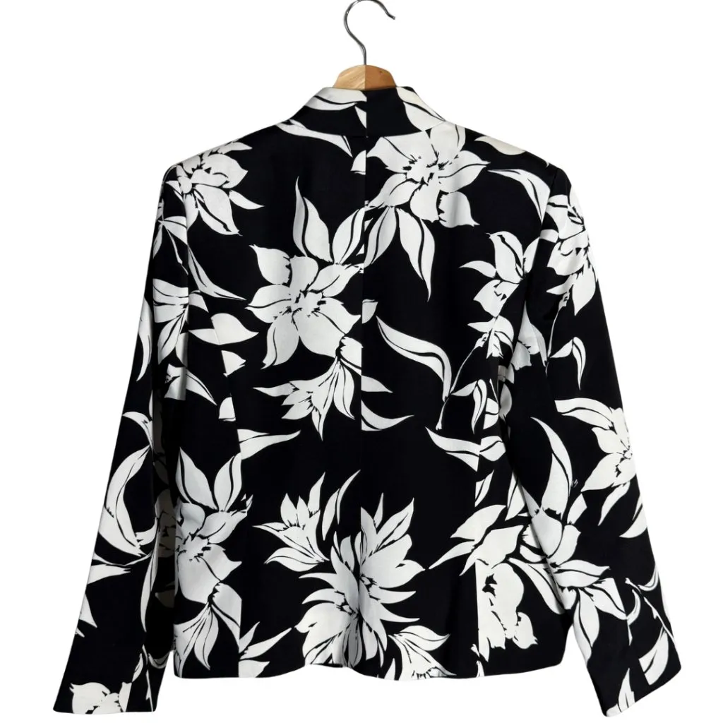 Flores & Flores 100% Silk Floral Open Front Blazer Jacket Women's 10 Black White - Image 2