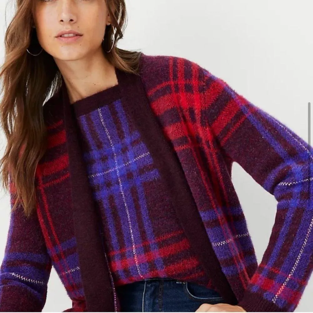 Ann Taylor Cardigan Sweater Plaid Maroon Blue Red Coat Long Medium Petite - Image 4