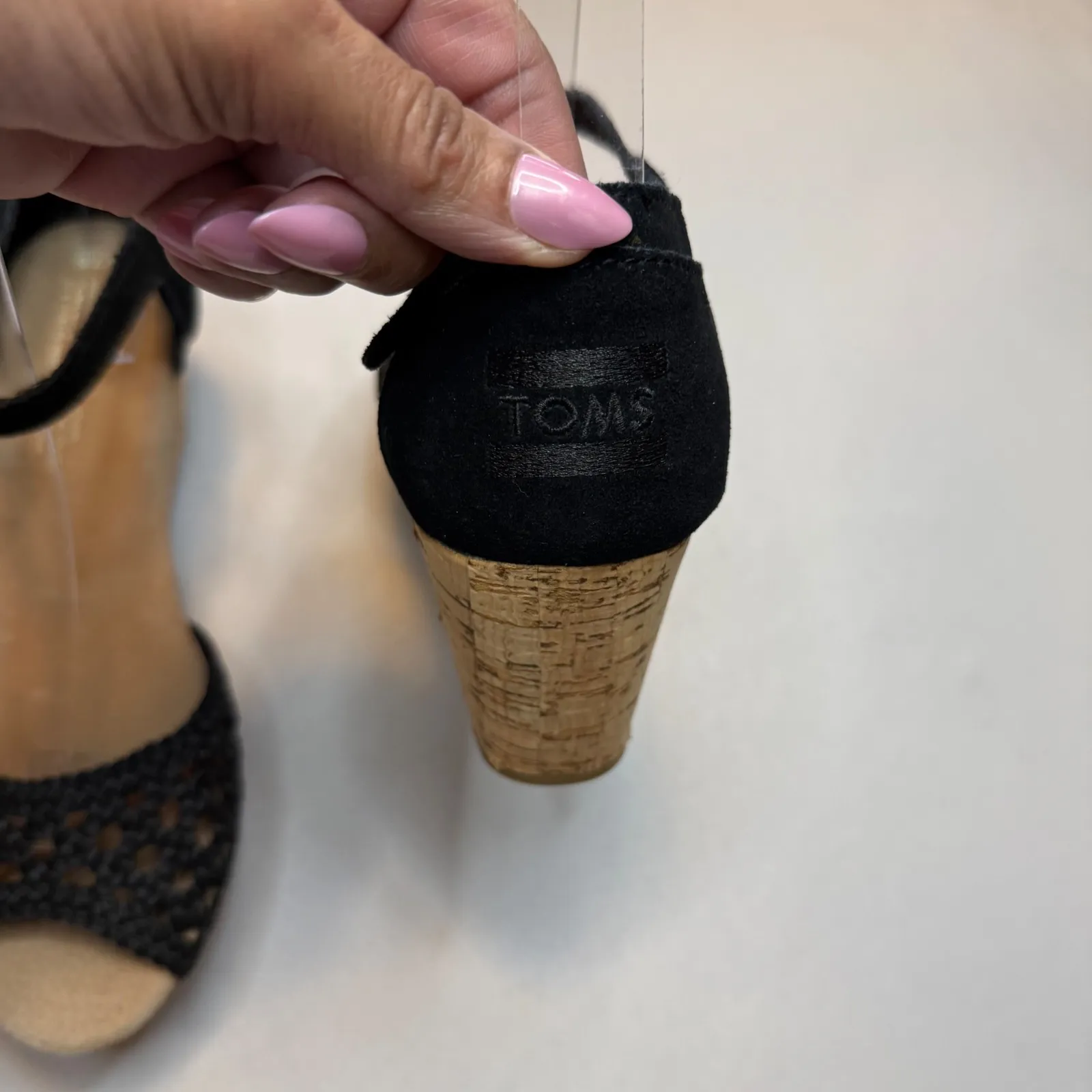 TOMS NEW Black Suede Woven Wedge Sandals Womens  7.5W Cork Platform Ankle Strap - Image 7
