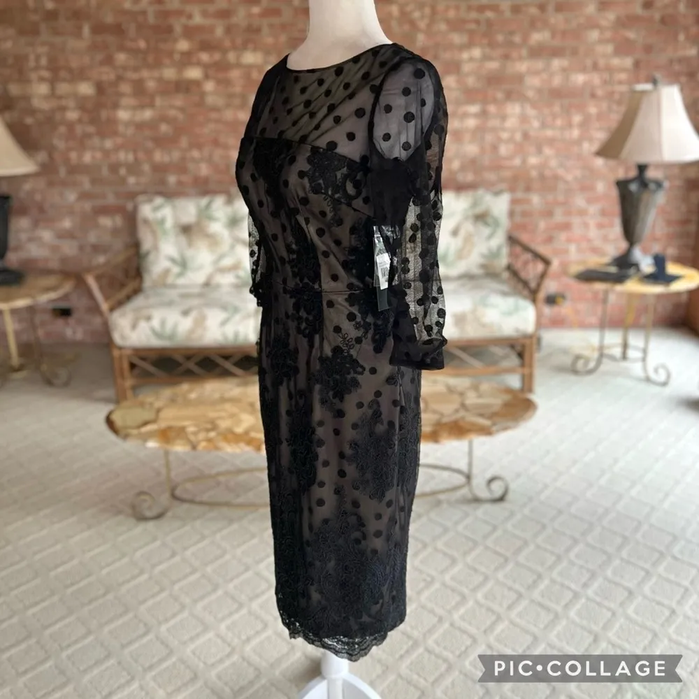 David Meister Dress Black Sheath Knee Length Embroidered Ilusion NWT 2 Cocktail - Image 7