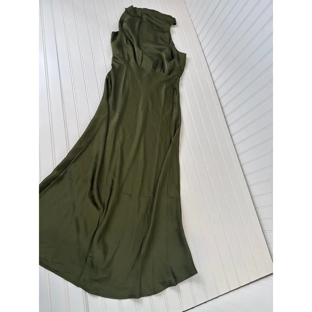 NWOT Lulus Distinctive Charm Olive Green Satin Asymmetrical Midi Dress Size S - Image 4