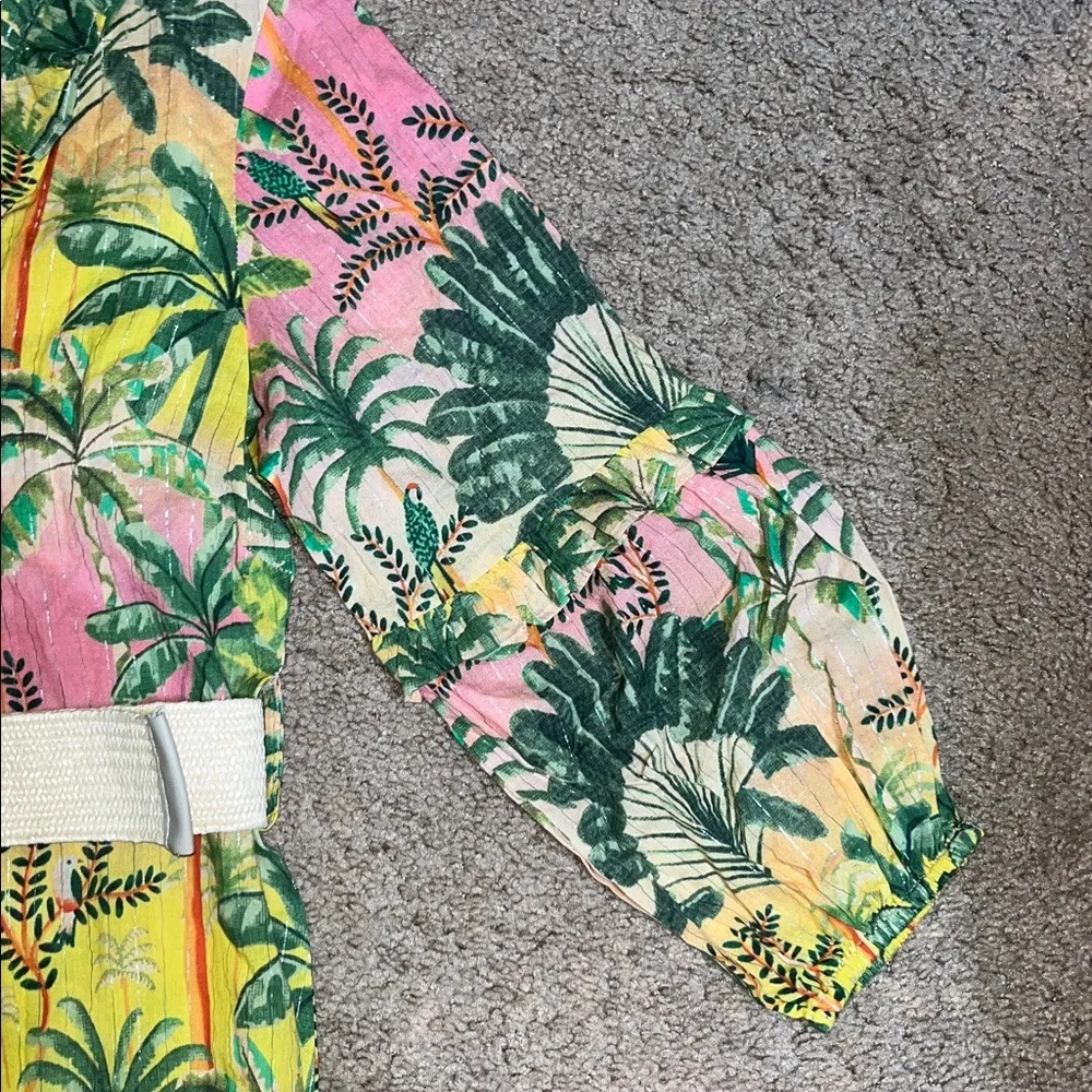 America & Beyond Endless Summer Tropical Floral Ruffle Shirt Dress Beaded Belt M Green Size M - Image 6