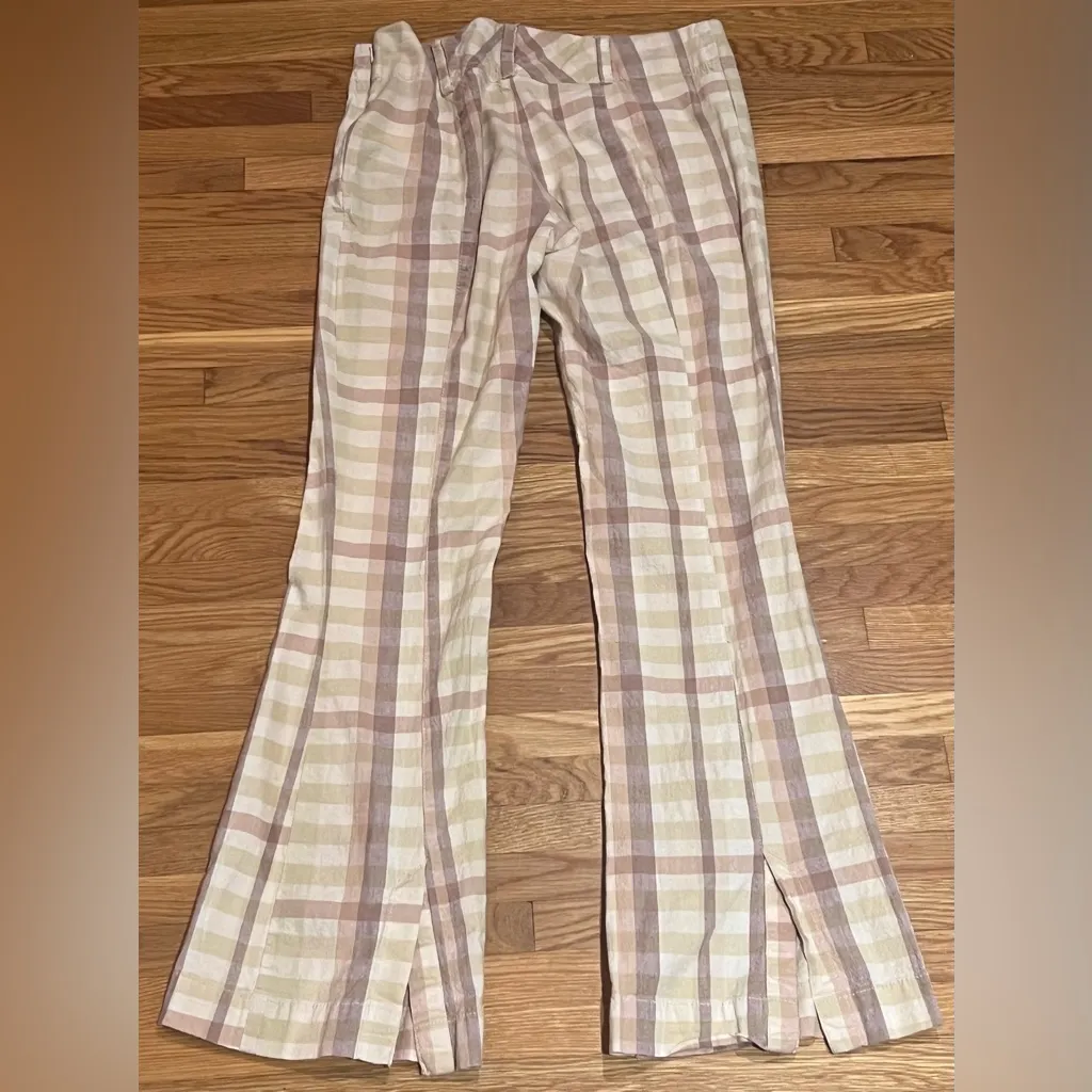 Free People The Way You Move‎ Flare Natural Plaid Linen Pants Vented Hem Size 4 - Image 5