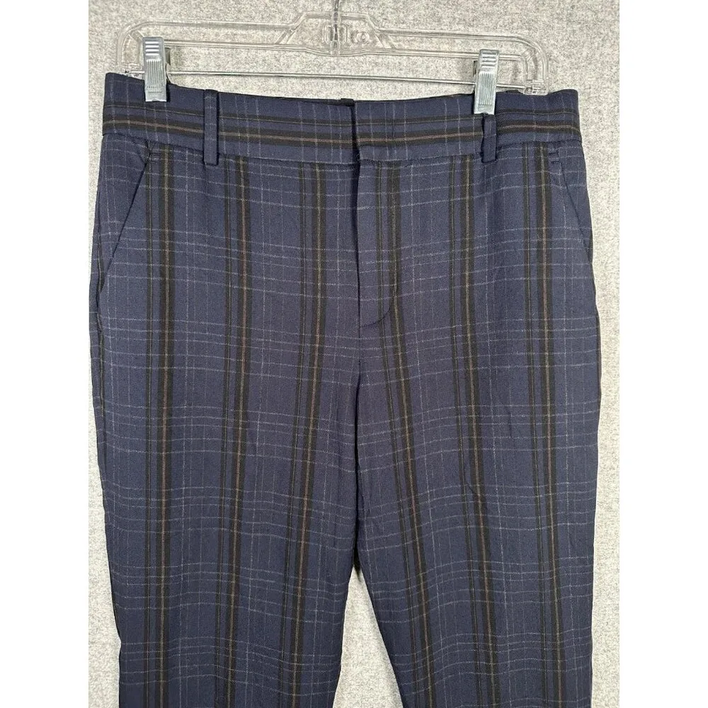 Vince Womens Size 6 Pants Plaid Crop Tapered Leg Navy Blue Black Flat Front Zip - Image 3