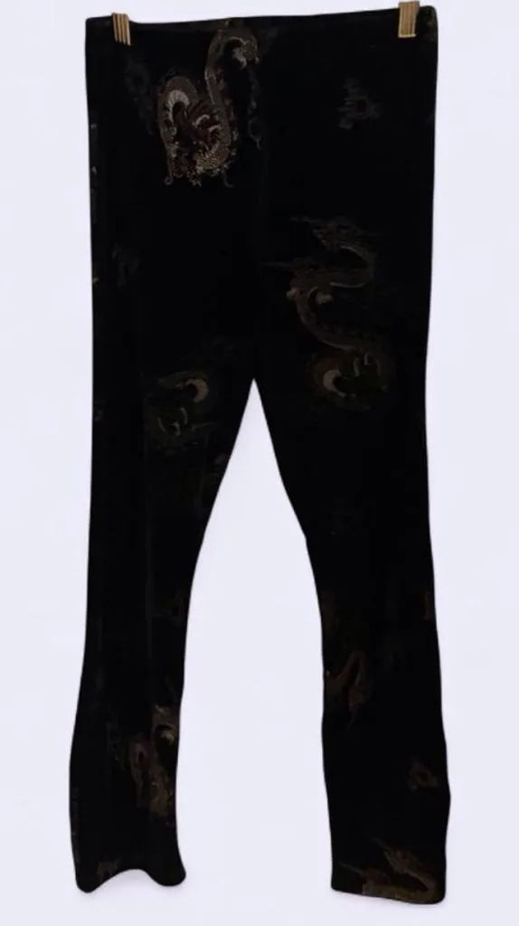 Vintage Fifilou Black Velvet Pants with Dragon Pattern Size XS - Image 2