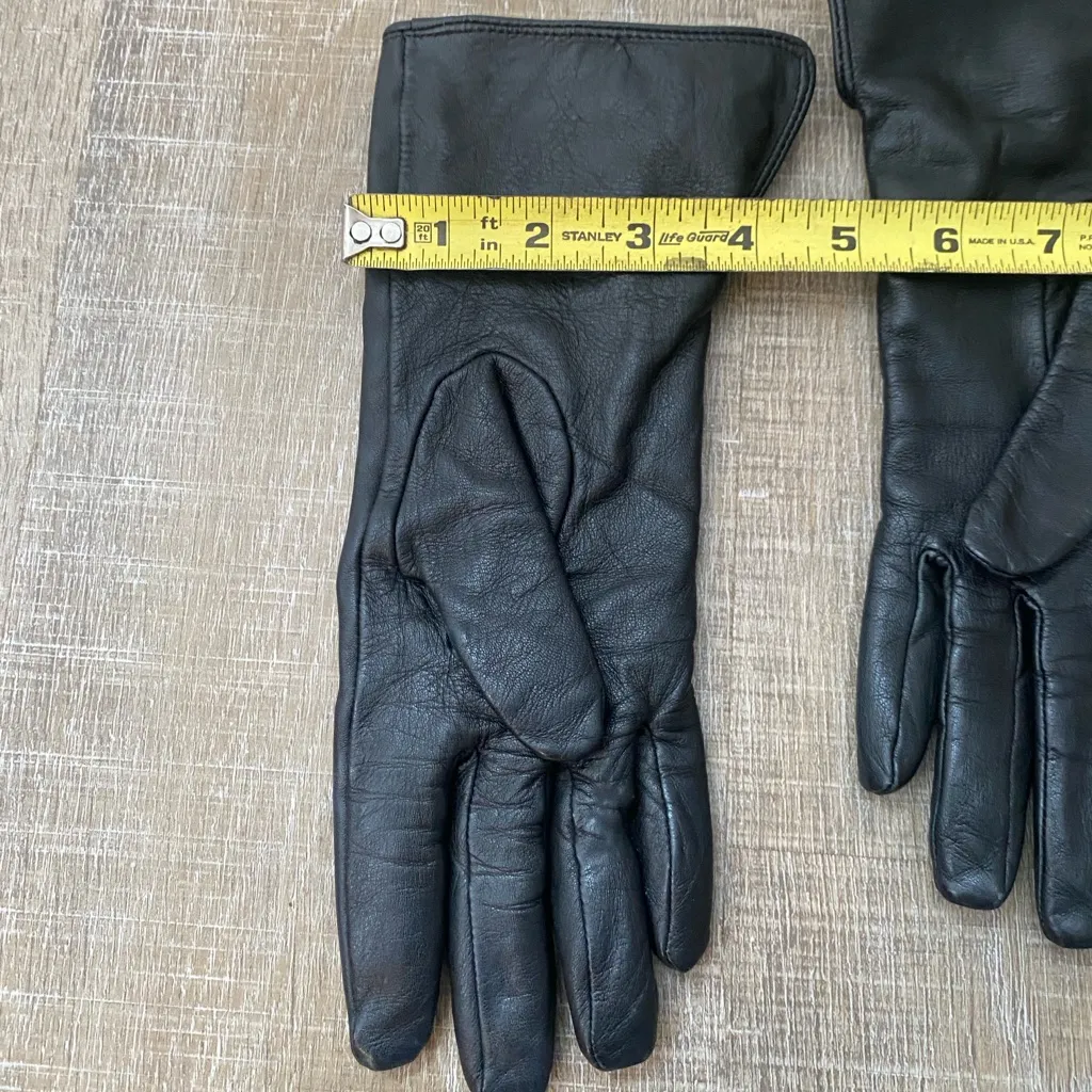 Black Genuine Leather Leopard Trim Gloves Fleece Lined Warm Winter Womens Small - Image 7