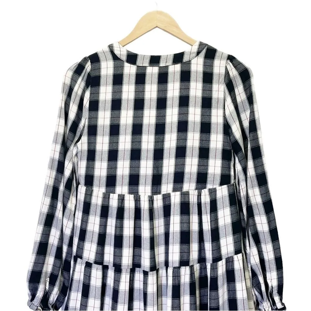 Anthropologie Maeve Amber Plaid Tiered Tunic Dress Black White Red Size XS - Image 6