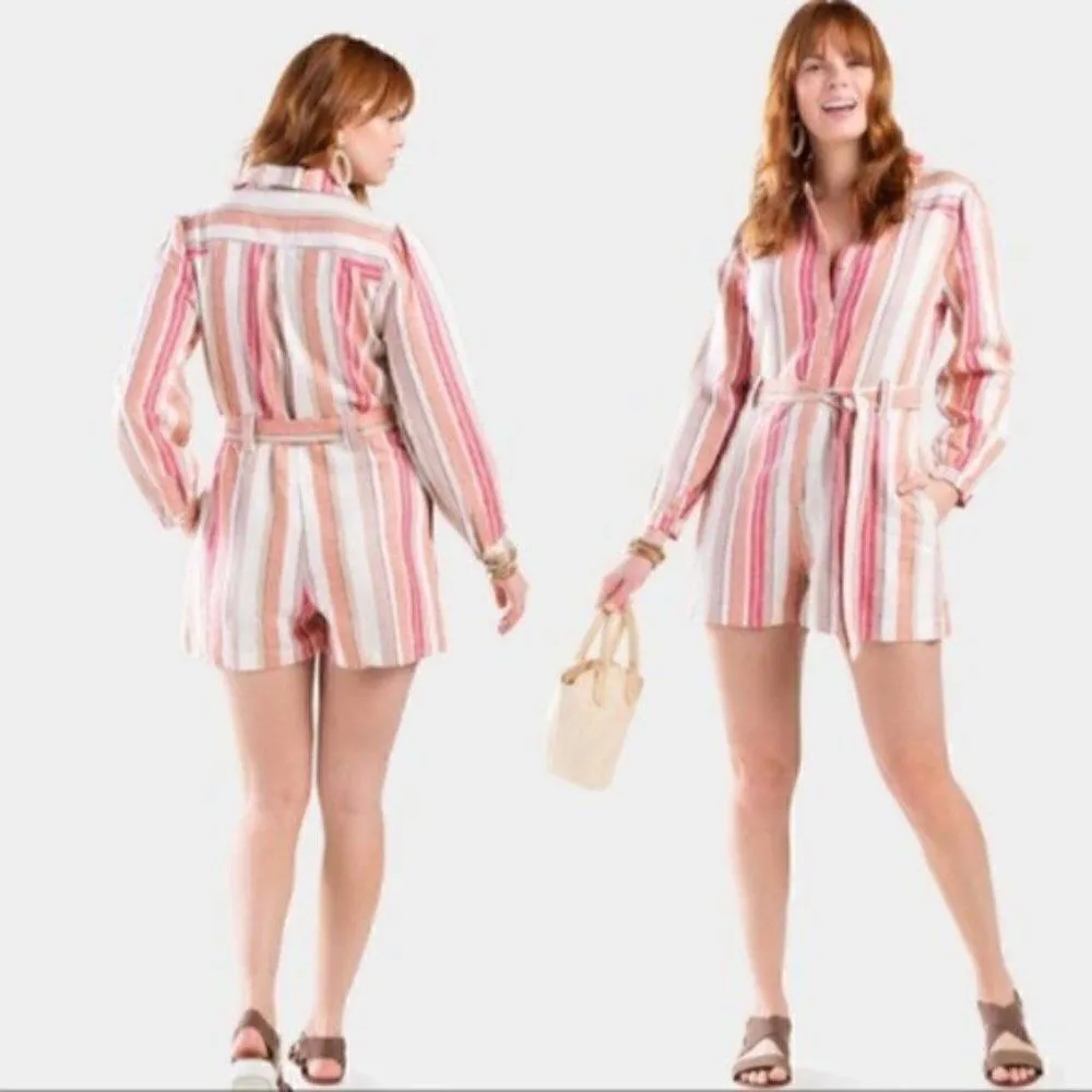 Francesca’s Coco & Jaimeson Brand Rosy Stripe Belted Linen Romper Cream Pink M Red Size M - Image 2