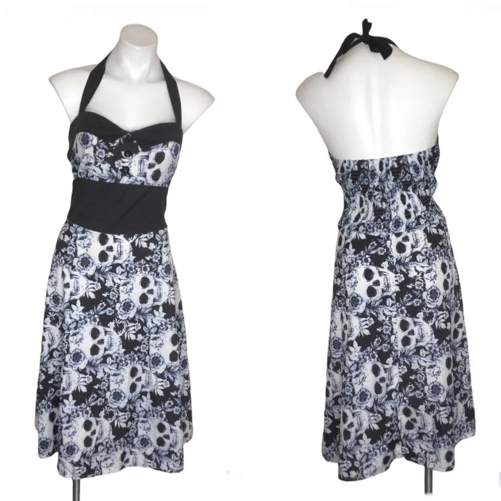 Sugar Skulls Roses Black White Blue Halter Dress Retro Rockabilly Style - Image 8