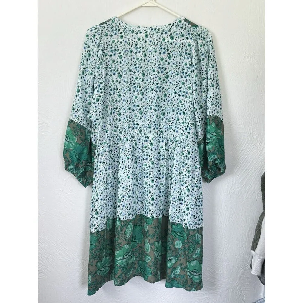 Jodifl US Women's‎ Size S Green Ditsy Floral Print Boho Mini Dress 3/4 Sleeves - Image 10