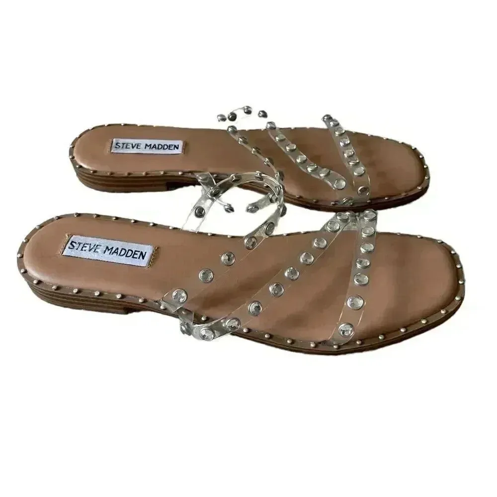 Steve Madden Skyler Clear Pearl Pyramid Studded Slip On Square Toe  Sandal SZ 8 - Image 5