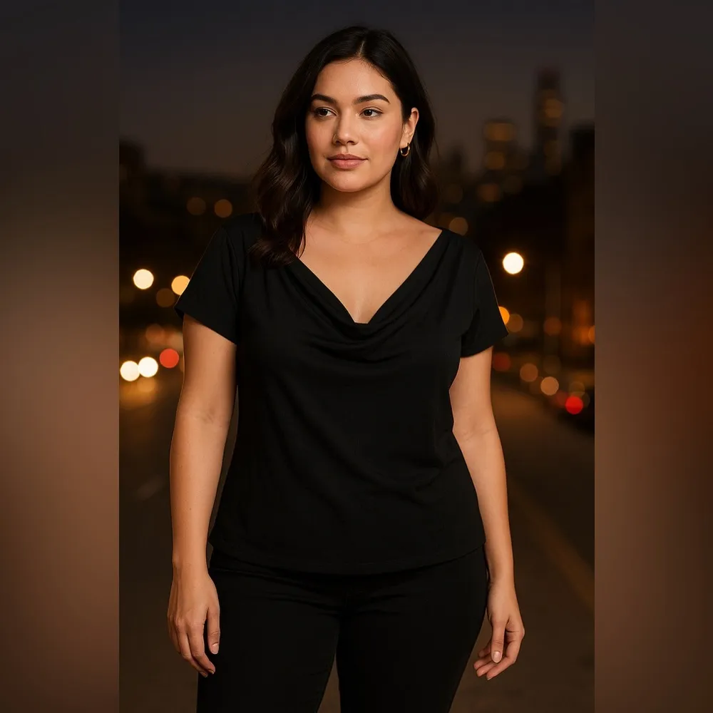 Lulu's Classic Black Drape Boatneck V Neck Blouse Size Large - Image 2