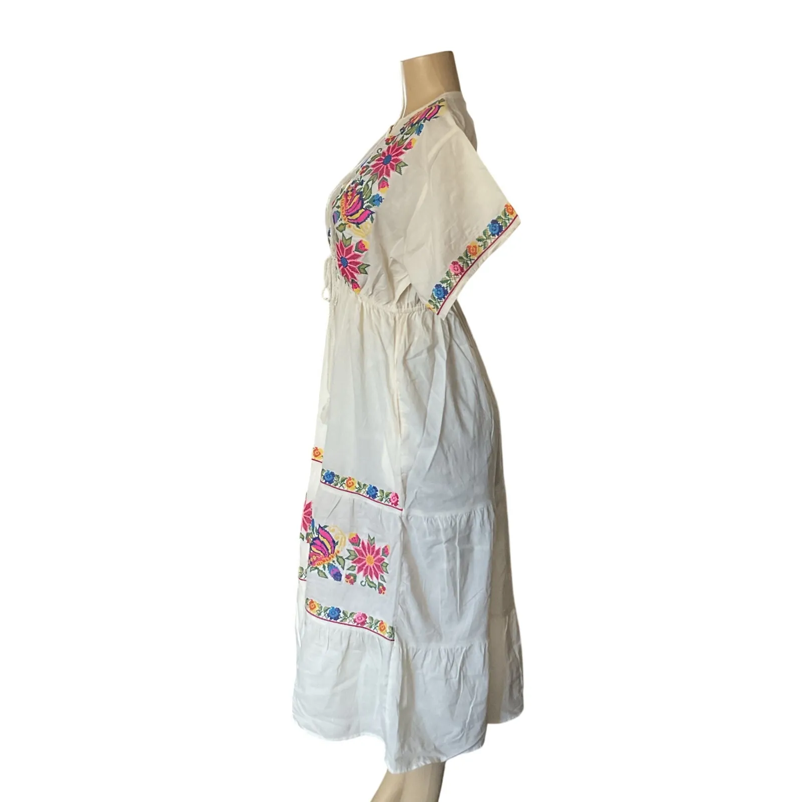 Mexican Embroidered Floral Dress White Cotton Size XL Artesanal Boho Chic Fiesta - Image 3
