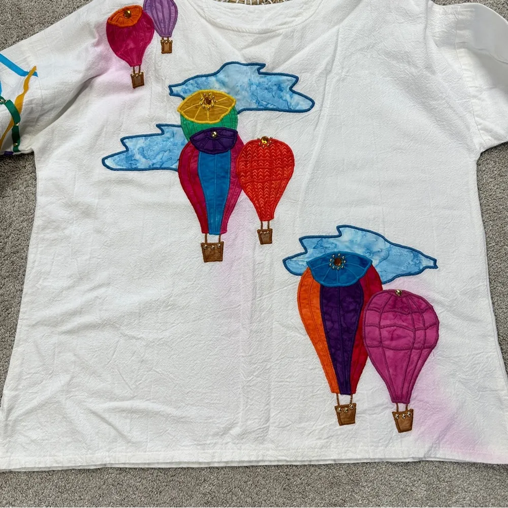 Alfredo’s Wife Women’s Hot Air Balloon Embroidered Top 3/4 Sleeve Art To Wear S White - Image 3