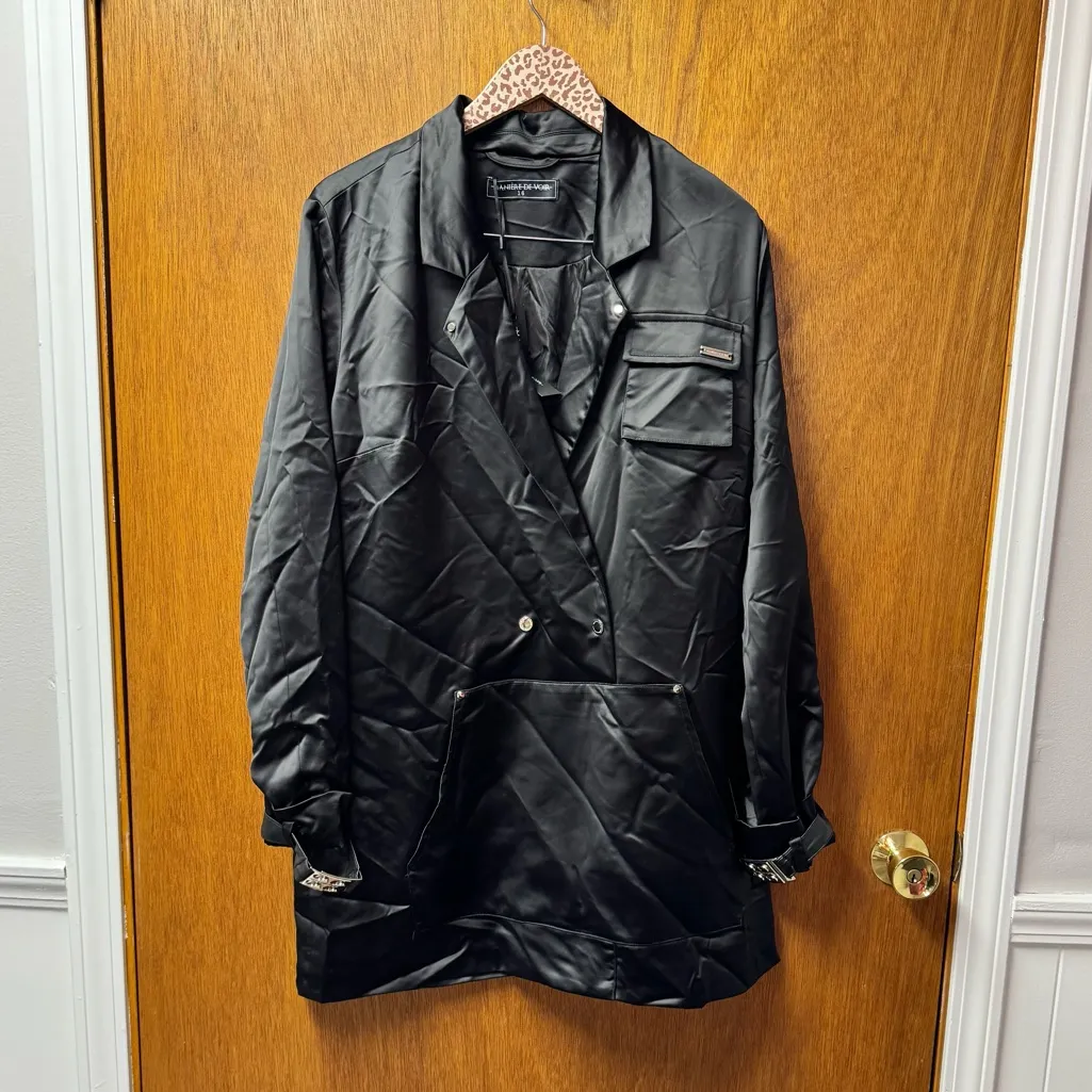 NEW Maniere De Voir Oversized Satin Blazer Long Sleeve Mini Dress Black UK 16 - Image 14