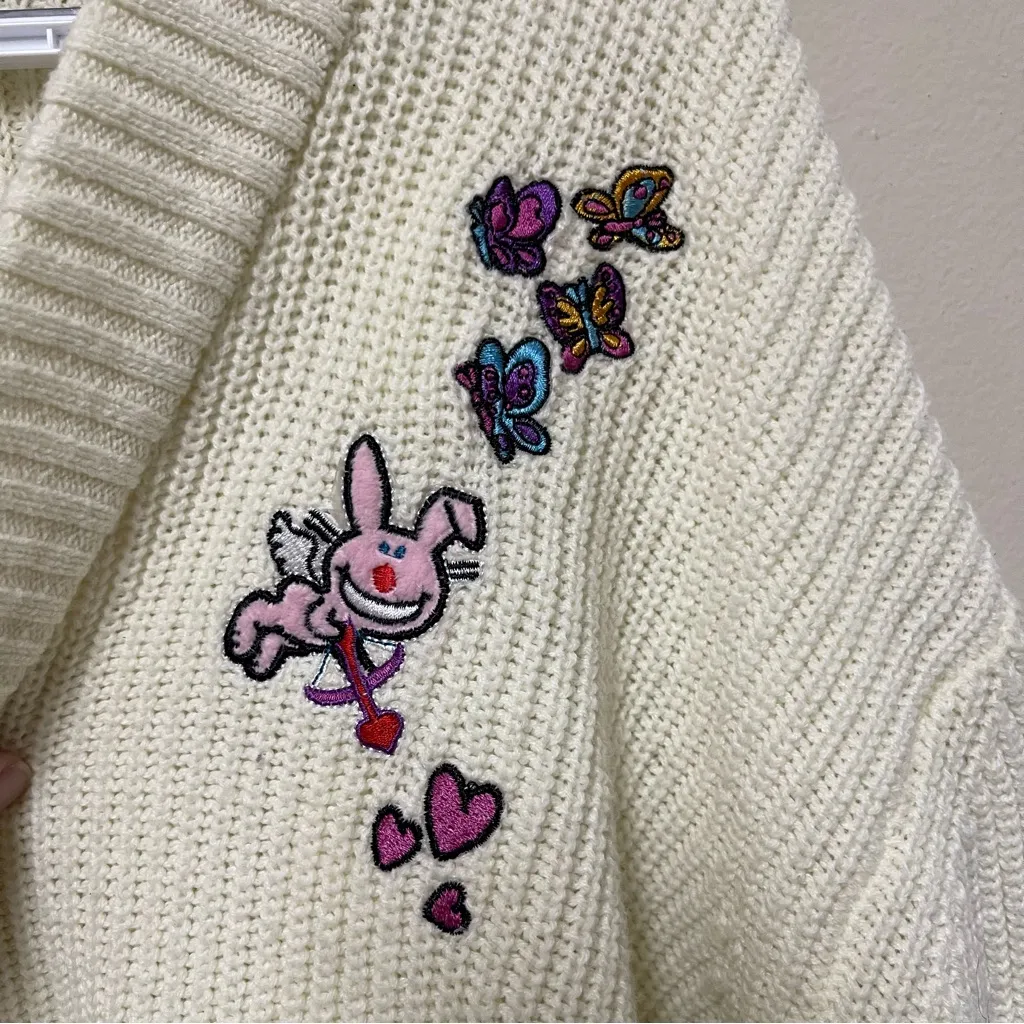 Chunky Knit Cropped Cardigan Sz L Happy Bunny Oversized Y2K Indie Sleeze Kidcore - Image 5