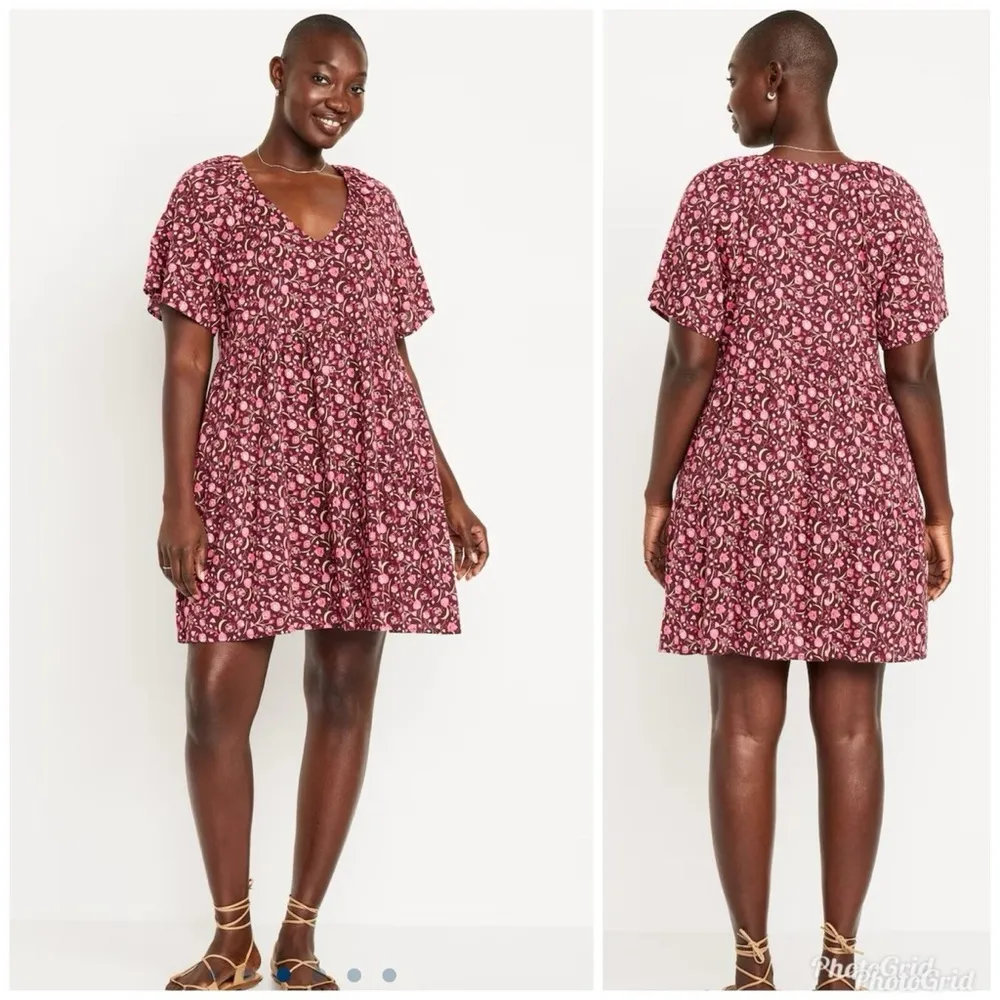 Old Navy Burgundy Floral V-Neck swing Dress - Image 3