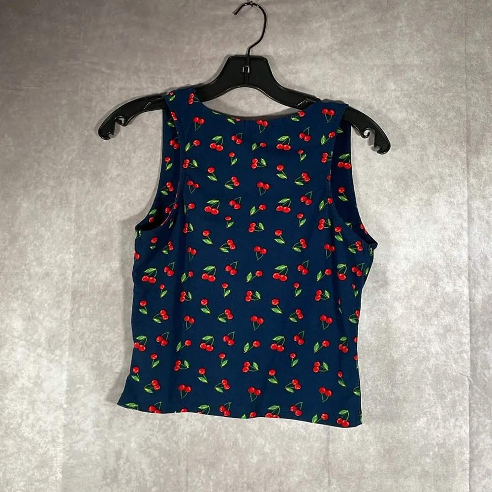 Riley & James | Navy Blue & Red Cherry Print Crop Top | Size Medium - Image 4