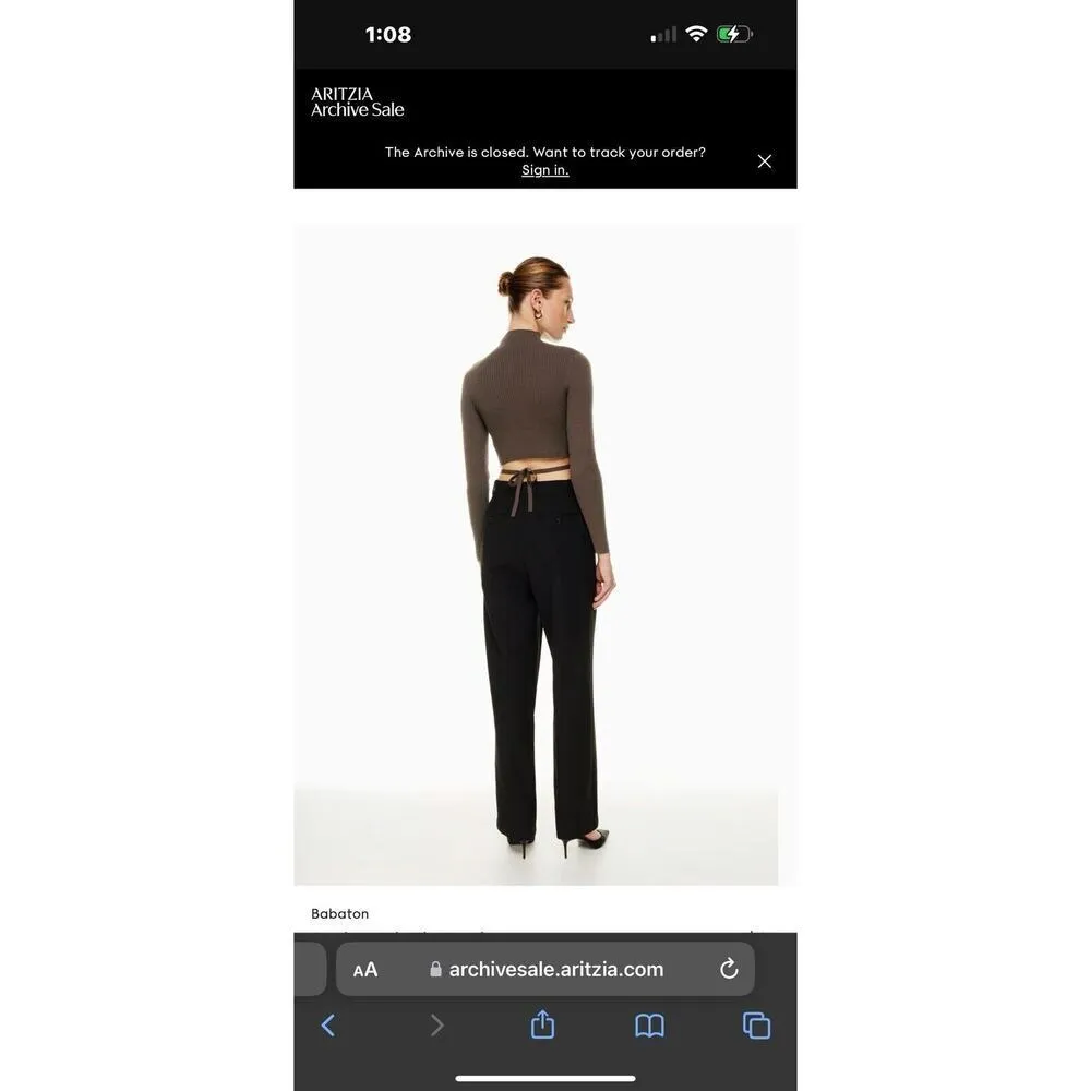 Babaton Aritzia Sweater Sz Xs Sculpt Knit Tie Open Back Ribbed Brown Mockneck​ - Image 5