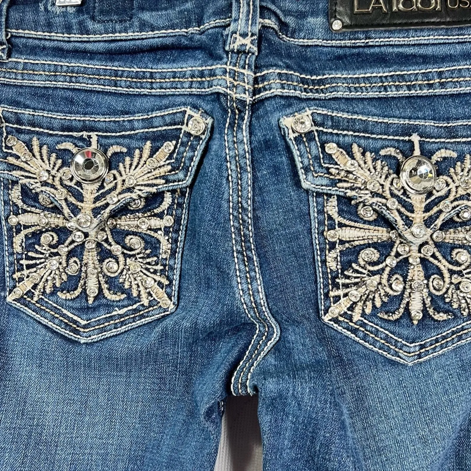 L.A. Idol Bling USA Y2K Bootcut Juniors Cropped Jeans Pocket Size 1 Blue - Image 9