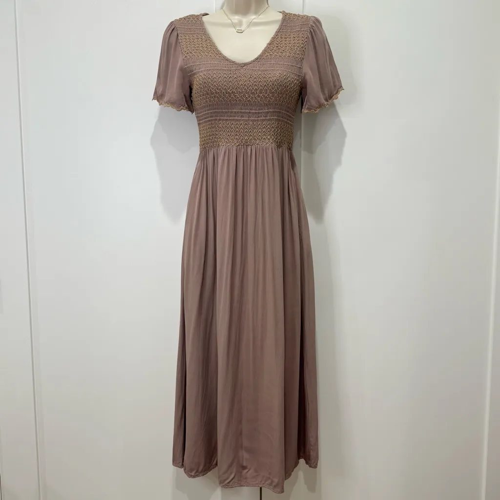 Baltic Born Smocked Midi Dress XS Brown Flutter Sleeve Boho Lagenlook Cottage - Image 2