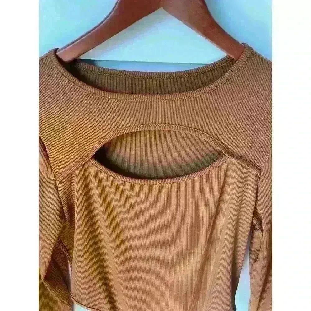 Shein Brown Ribbed Cut Out High Rise Bodysuit, L - Image 3