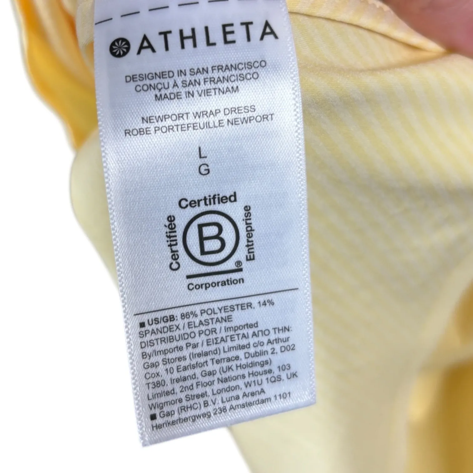 Athleta Newport Wrap Dress Yellow Pinstripe Short Sleeve Belted Midi Athletic L - Image 10