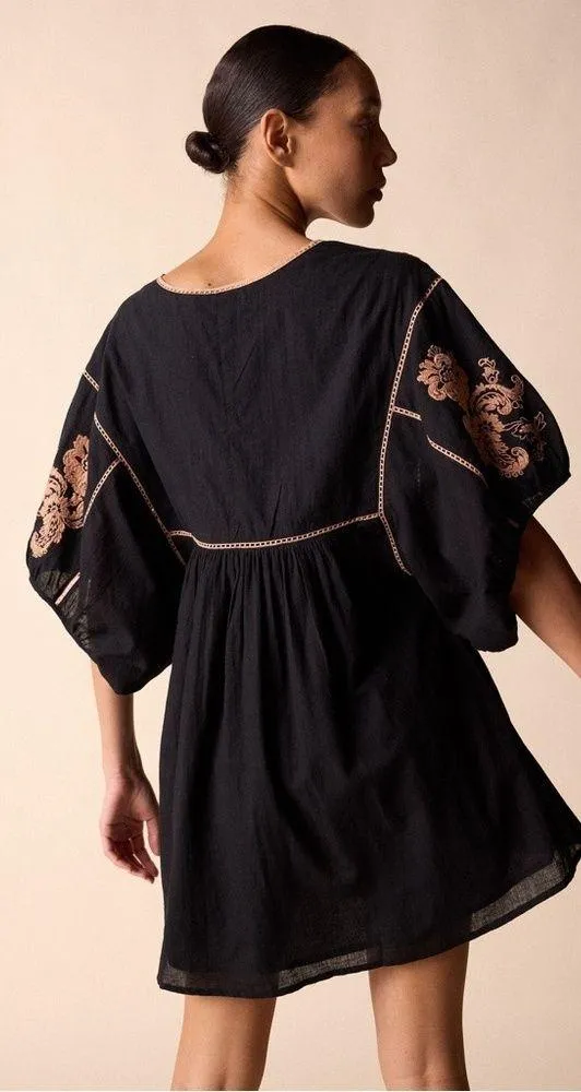 St. Roche Lake Mini Dress Embroidered Floral Black w/Camel Size S - Image 2