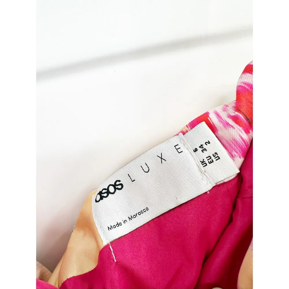 ASOS LUXE Drama Sleeve Structured Satin Off Shoulder Mini Dress in Floral Print - Image 5