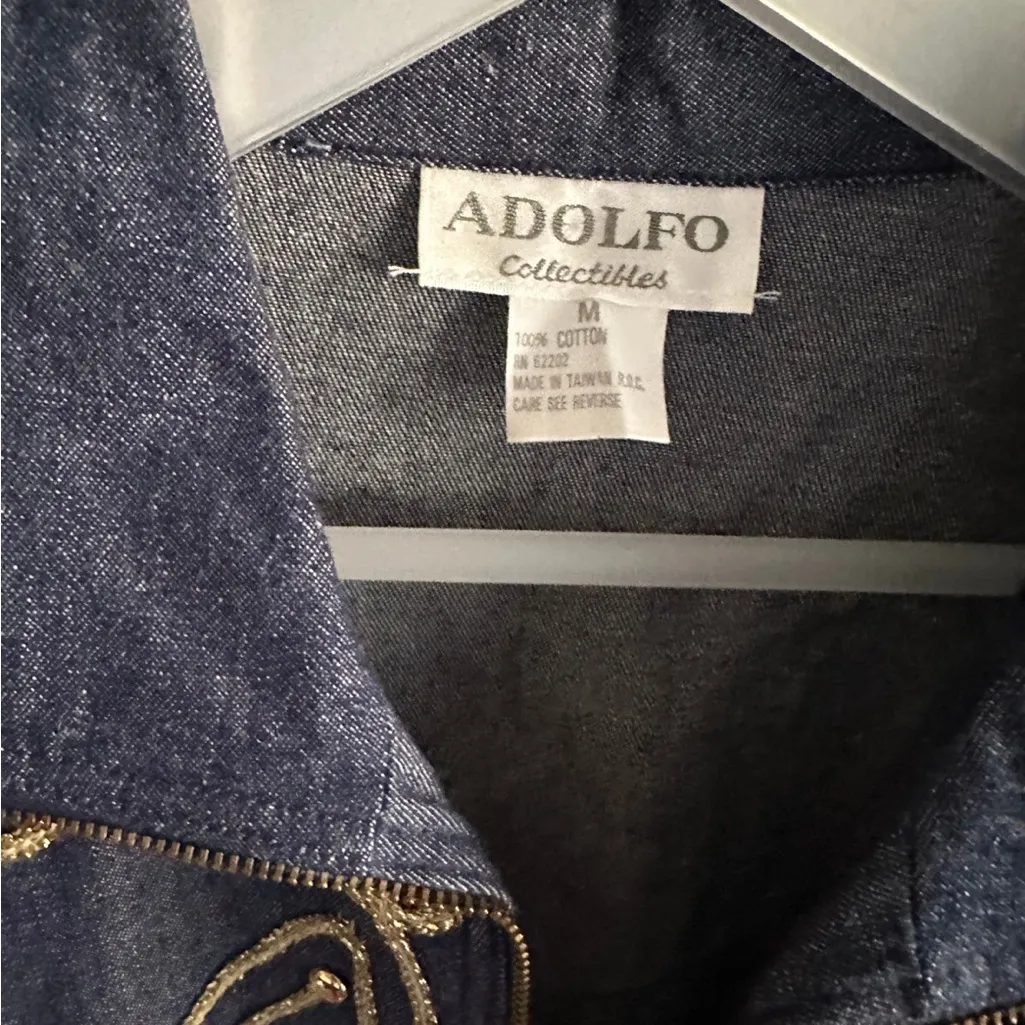 Adolfo Collection Dark Blue Gold and Red Embroidered Jean Jacket Size M - Image 2