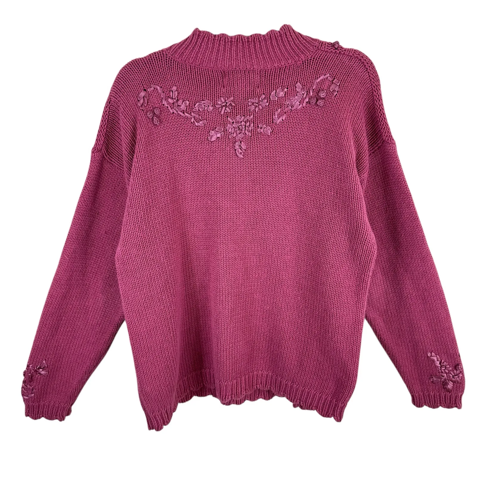 Ninon De Lenclos Vintage Pink Mock Neck Cable Knit Ribbon Embellished Sweater L Size L - Image 3