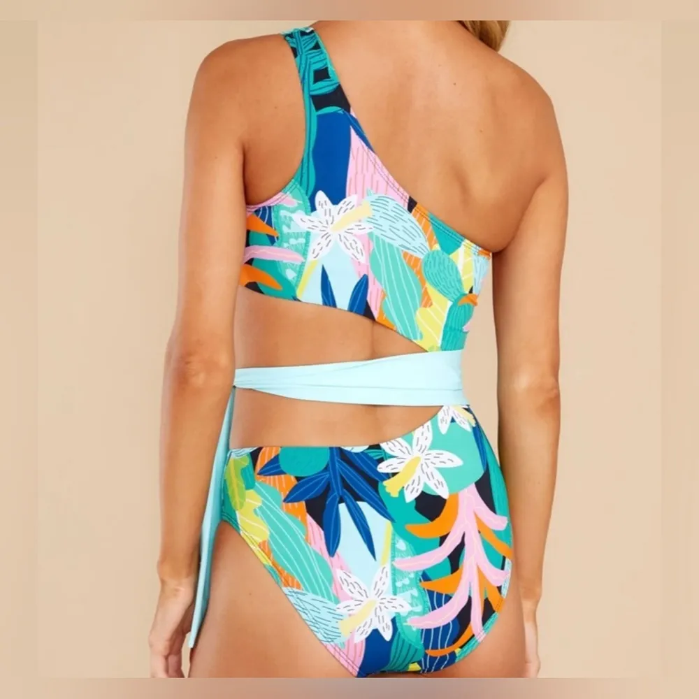 Palms Away Blue and Green Artistic One Piece Swimwear Size M - Image 2