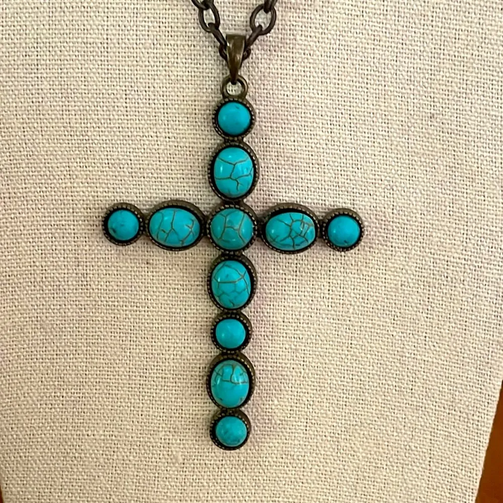 Plunder New faux turquoise cross pendant and bronze chain necklace Blue - Image 3
