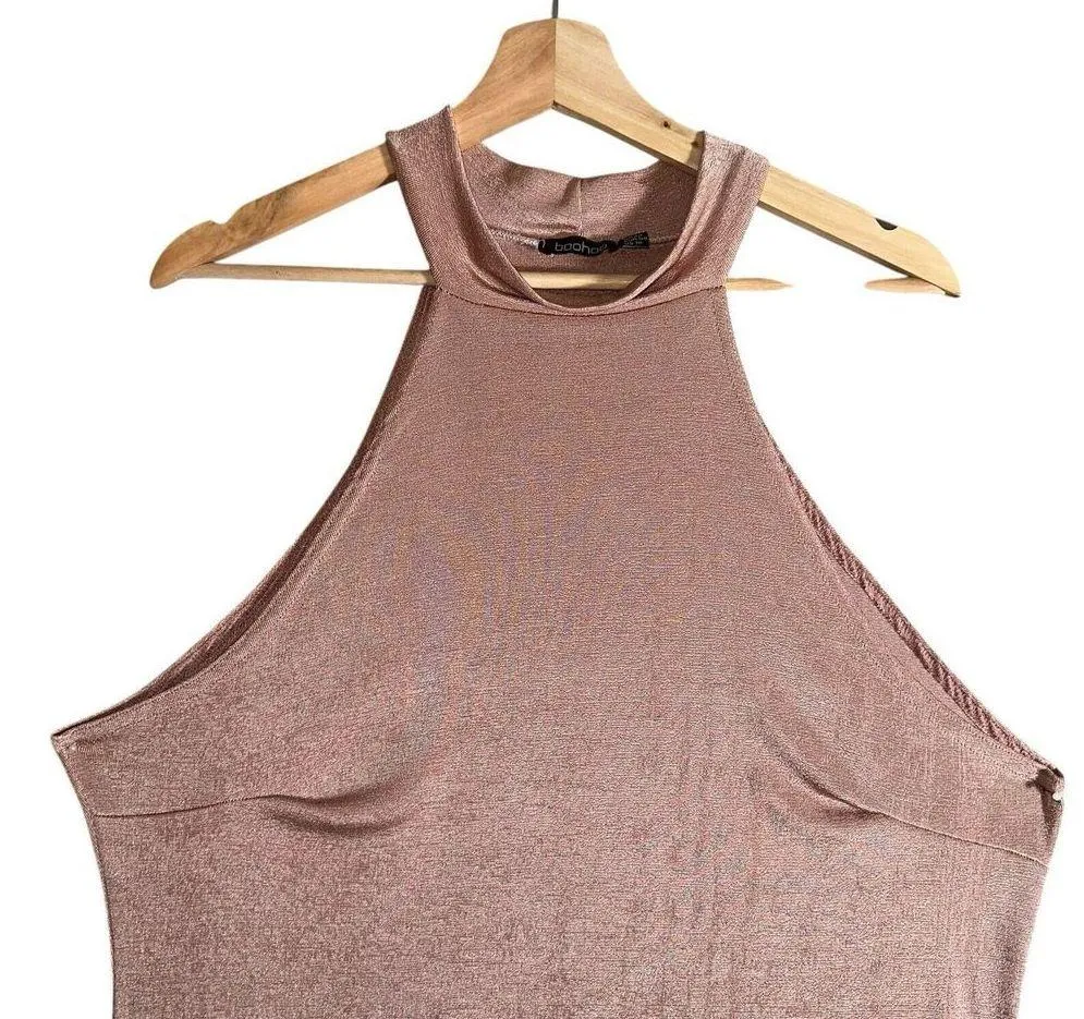 Boohoo Womens Pink Textured Slinky Shimmer High Neck Midi Dress Sz US 18 - Image 2